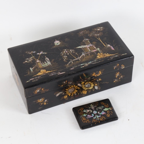 86 - A gilded and lacquered box and cover, inset mother-of-pearl and chinoiserie decoration, 22cm x 12cm