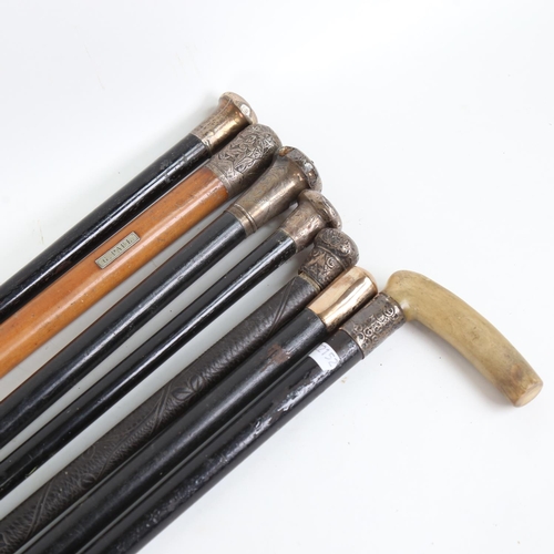 89 - Various Antique ebonised and Malacca walking canes, 1 example with 9ct gold knop, the rest have silv... 