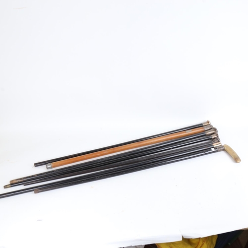 89 - Various Antique ebonised and Malacca walking canes, 1 example with 9ct gold knop, the rest have silv... 