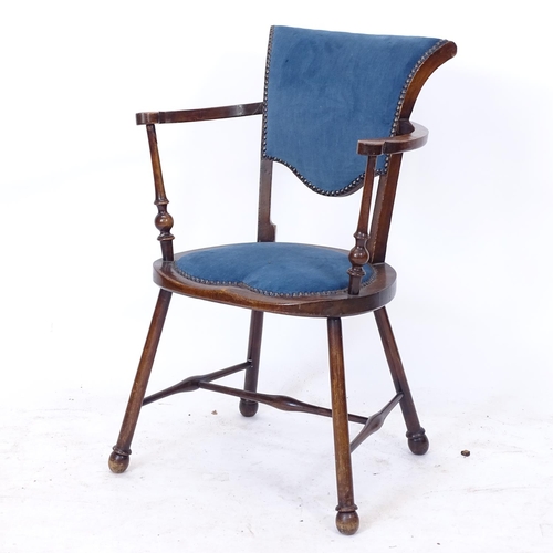 2146 - An Edwardian stained beech bow-arm chair, with studded upholstery