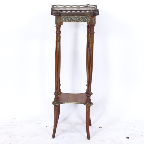 2147 - A French walnut and marble-top jardiniere stand, with pierced brass gallery, raised on turned legs, ... 