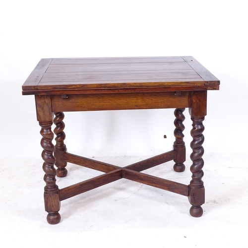 2173 - A square oak draw leaf dining table, on barley twist legs and cross stretchers, W92cm, H73cm