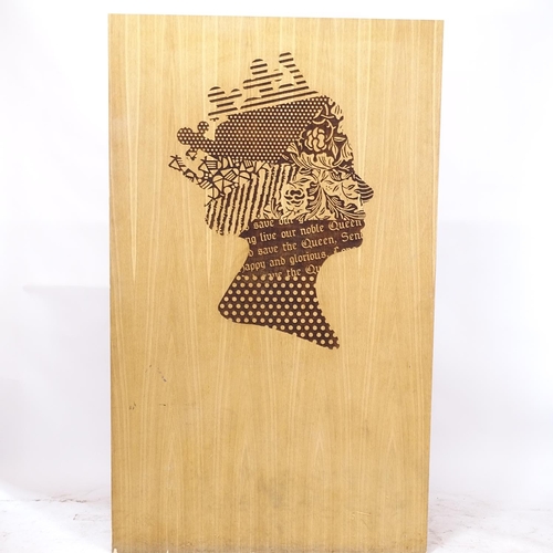 2179 - A large stylised portrait of H.M. The Queen, on laser etched 30mm oak faced ply board, 200cm x 120cm