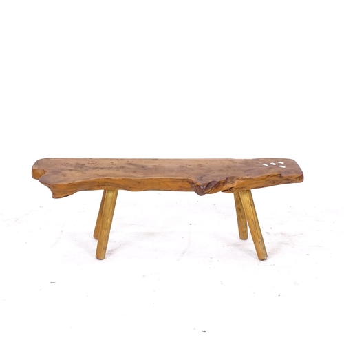 2184 - A rustic yew wood bench, on splayed legs, L102cm, H34cm