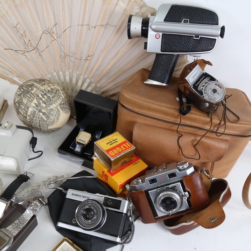 140 - Various collectables, including Coronation carriage, ostrich egg, Vintage cameras, watches etc (boxf... 