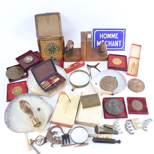 150 - Various collectables, including French enamel sign, commemorative medallions, mother-of-pearl shell ... 