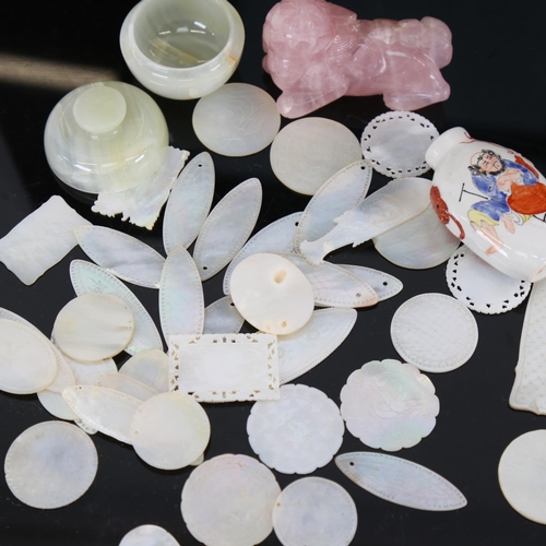 157 - A quantity of Chinese mother-of-pearl gaming counters, rose quartz Dog of Fo, snuff bottle etc