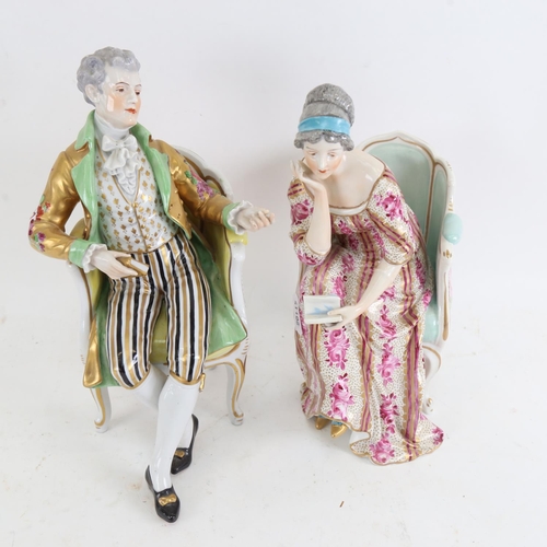 170 - 2 Dresden porcelain figures, seated lady and gentleman, hand painted and gilded decoration, with blu... 