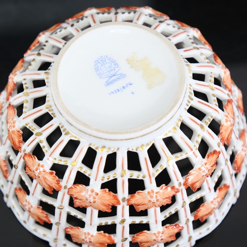 192 - A Hungarian Herend porcelain basketweave bowl, hand painted and gilded floral decoration, no. 7473/A... 