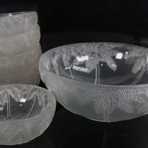 213 - BAROLAC - Czech moulded frosted glass dessert set, with relief palm tree designs, bowl diameter 22cm... 