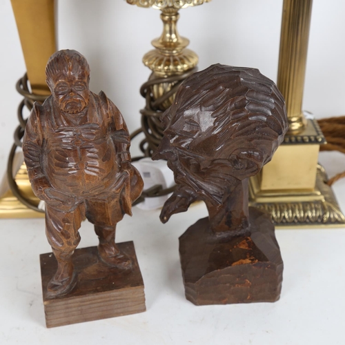 215 - 3 brass table lamps, carved figure of Don Quixote and Sancho Panza (5)