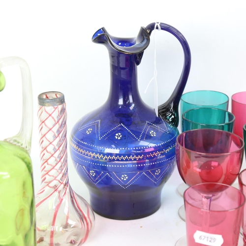 226 - Various overlay glass, including harlequin goblets, Bristol blue decanter etc