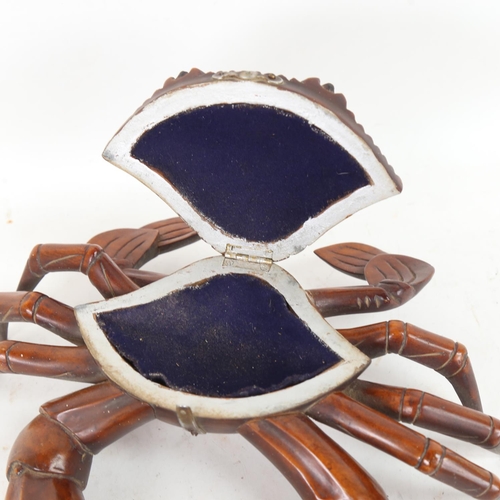 240 - An Oriental carved and polished hardwood crab box, overall leg span 29cm