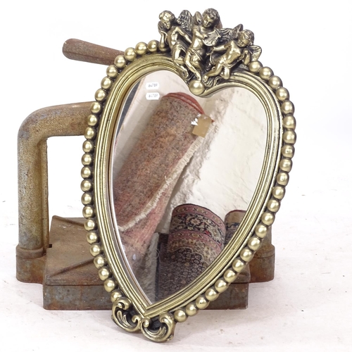 2360 - A heart-shaped wall mirror, surmounted by 3 cherubs, height 57cm