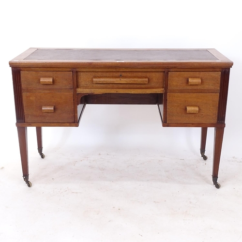 2266 - A teak kneehole writing desk with 5 short drawers, W120cm, H75cm, D48cm