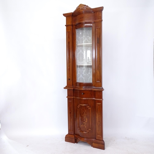 2270 - A reproduction mahogany serpentine-front 2-section corner display cabinet, W66cm, H210cm