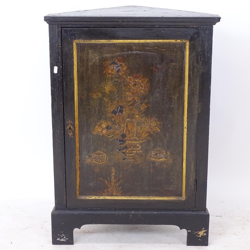 2272 - A 19th century ebonised corner cupboard, with chinoiserie decorated panel door, on bracket feet, W61... 