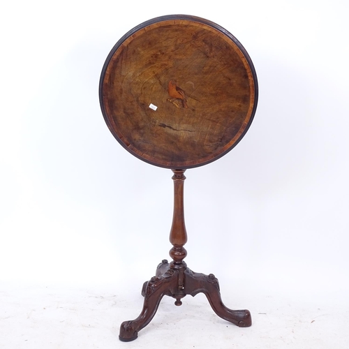 2273 - A Victorian walnut and satinwood-banded tilt-top table, top having a bird marquetry decoration, on t... 