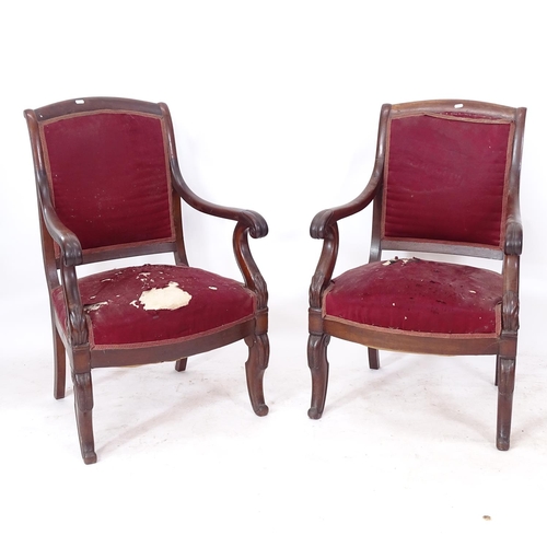 2291 - A pair of French Empire mahogany-framed open-arm chairs, with scrolled arms