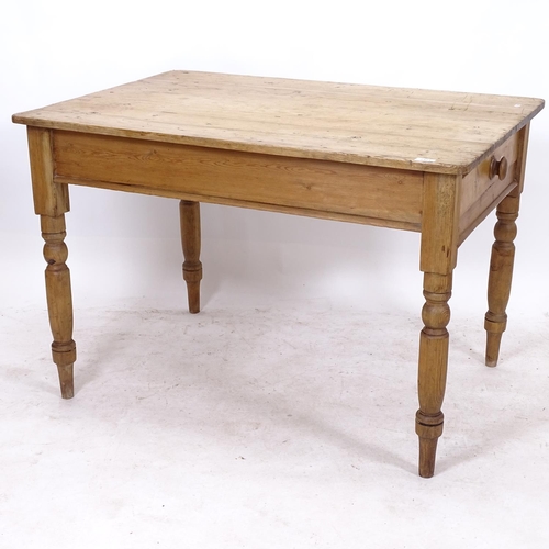 2323 - An Antique pine plank-top kitchen table, with single frieze drawer, on turned legs, W107cm, H72cm, D... 