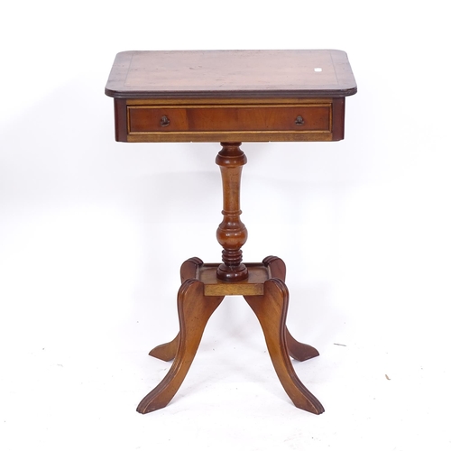 2220 - A reproduction yew wood lamp table, with single drawer, on a quadruple leg base, W42cm, H59cm, D32cm