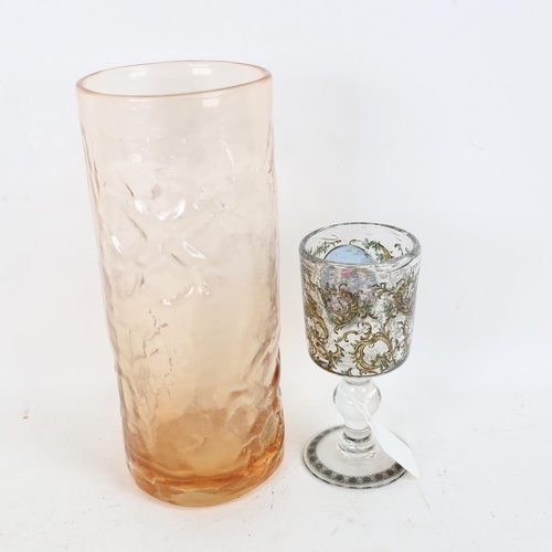 243 - A reproduction Georgian style transfer decorated goblet, and an amber glass cylinder vase with polis... 