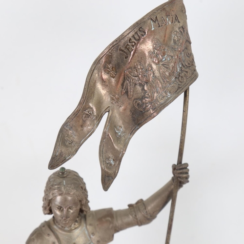 244 - A spelter sculpture of Joan of Arc holding a banner, signed VM669, overall height 50cm (base split)