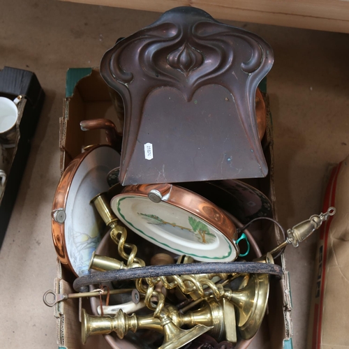 249 - Various brass and copper, including Art Nouveau style crumb tray, cloisonne enamel plate, candlestic... 