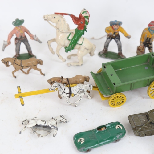 286 - Various painted toy figurines, including Lesney D-type Jaguar, Western cowboys etc