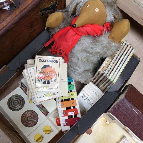 323 - Various Vintage toys, including Minic service station, Beatrix Potter books etc (boxful)