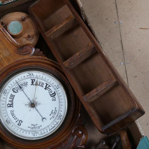 330 - An oak aneroid barometer, Covent Garden Fruit Market container, sewing carousel etc (boxful)