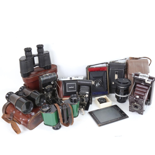 337 - Various Vintage cameras and binoculars, including Kershaw Mark II binoculars, Ensign camera etc (box... 