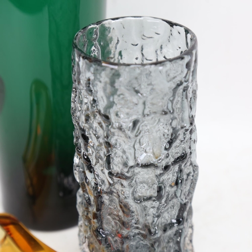 423 - A Whitefriars grey bark vase, 19cm, a Whitefriars green water jug, and an Art glass vase