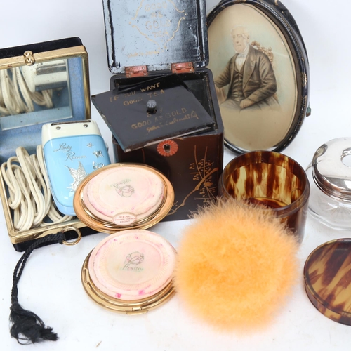 425 - A silver-topped dressing table jar, a Japanese tea caddy, a compact, a 19th century portrait of a ge... 