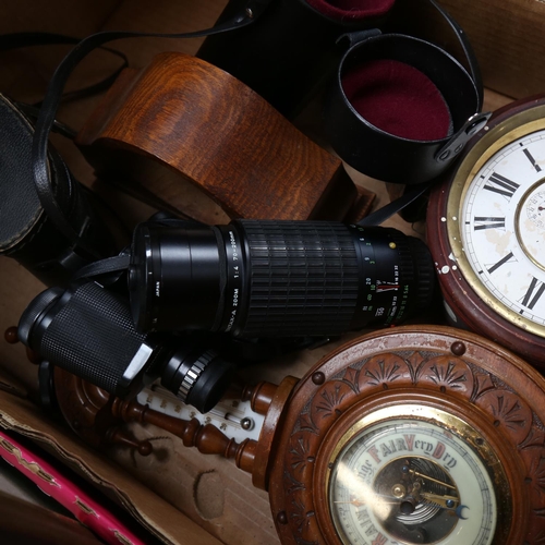 445 - A carved wood barometer, binoculars, clock etc