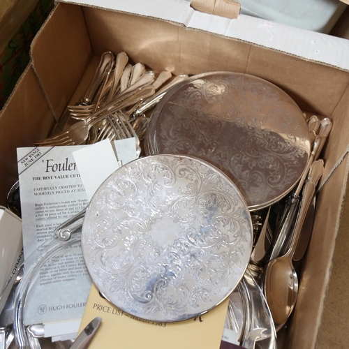 452 - A box with silver plated cutlery, place mats, glass dish etc