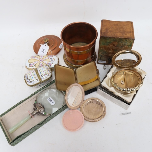 470 - Kigu & Stratton compacts, shagreen cigarette case, musical box, trinket boxes, magnifying glass etc