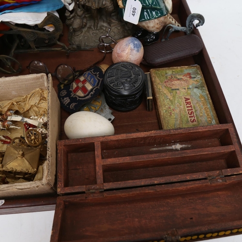 480 - A Rye pheasant, a carved wood box, spectacles, badges, flags etc