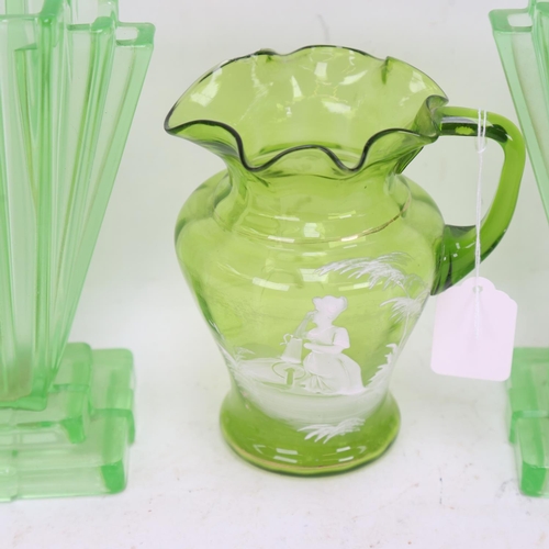 481 - A Mary Gregory green glass jug, height 16cm, a pair of Art Deco vases, and an Art glass dish