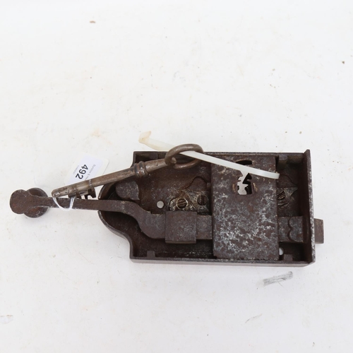 492 - An Antique steel lock, length 26cm overall, and a key