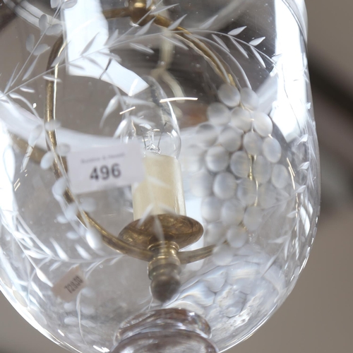 496 - A hanging glass light fitting, with engraved grapevine decoration, diameter 17cm