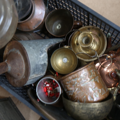 509 - A lantern, an oil lamp, a scoop, and other brass and copperware