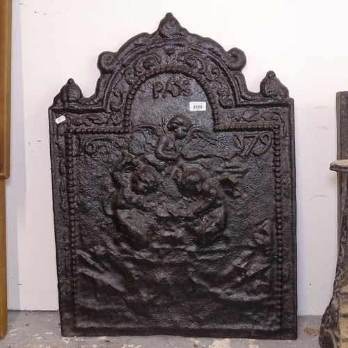 2509 - An Antique embosses cast-iron fireback, W58cm, H80cm