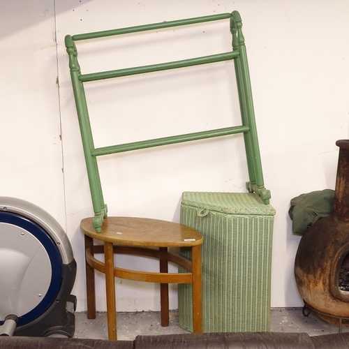 2514 - A Vintage green Lloyd Loom corner laundry bin, a painted towel rail, and an oval occasional table (3... 