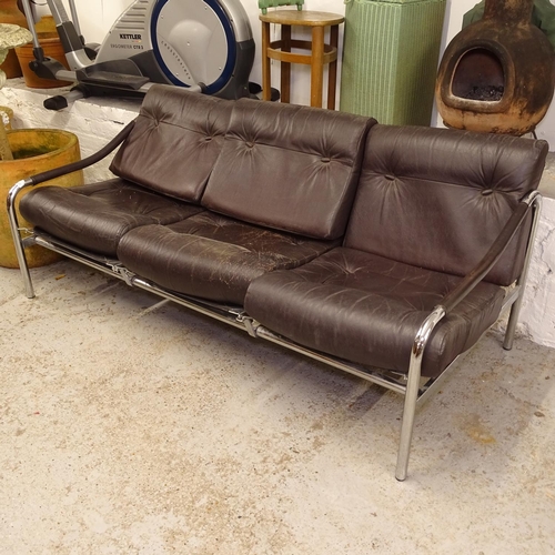 2517 - PIAFF - a mid-century chrome-framed 3-seater settee, with loose leather cushions, L170cm