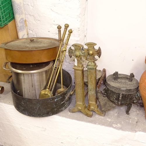 2523 - A pair of Victorian Gothic brass andirons, jam pan, fire irons, clock etc