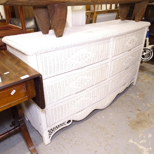 2556 - A white wicker bow-front 6 drawer chest, L154cm, H84cm, D50cm