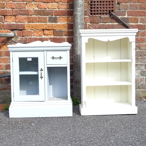 2558 - A white painted 3-tier open bookcase of small size, W53cm, and a small blue painted cabinet, W57cm