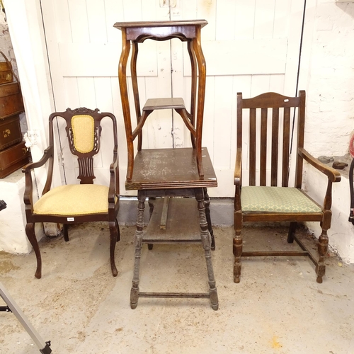 2584 - An Edwardian mahogany open-arm chair, an oak fold over card table, an elbow chair etc (4)