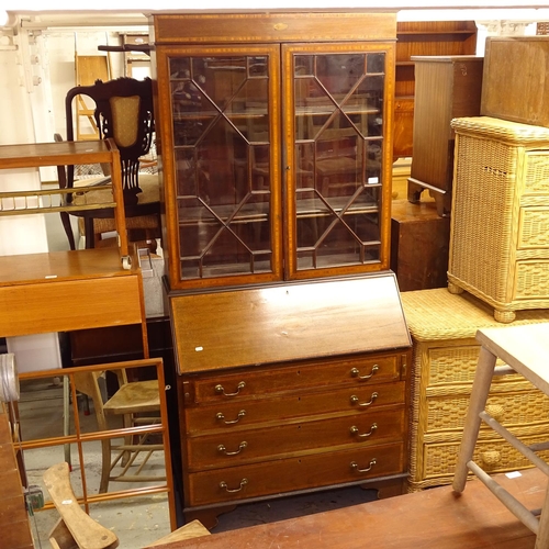 2602 - An Edwardian mahogany and satinwood-banded bureau bookcase, W97cm, H202cm, D43cm